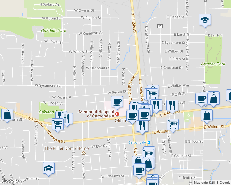 map of restaurants, bars, coffee shops, grocery stores, and more near 400 West Pecan Street in Carbondale