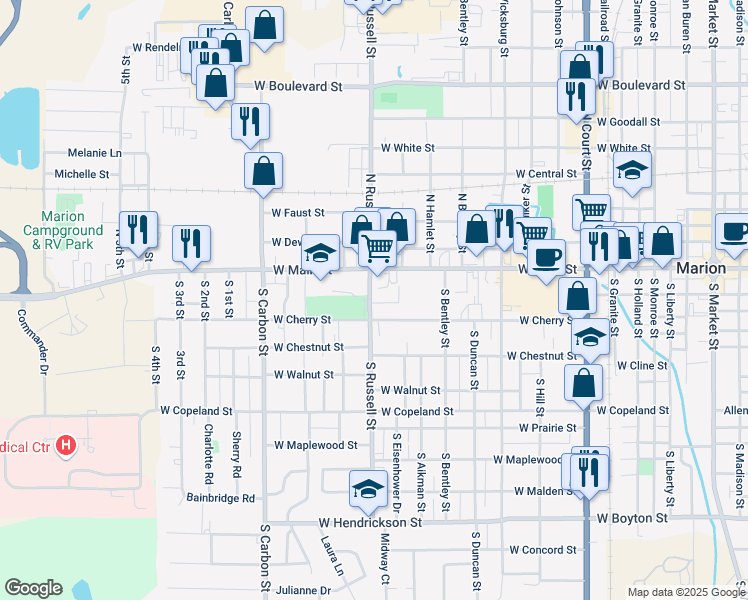 map of restaurants, bars, coffee shops, grocery stores, and more near 1401 West End Street in Marion