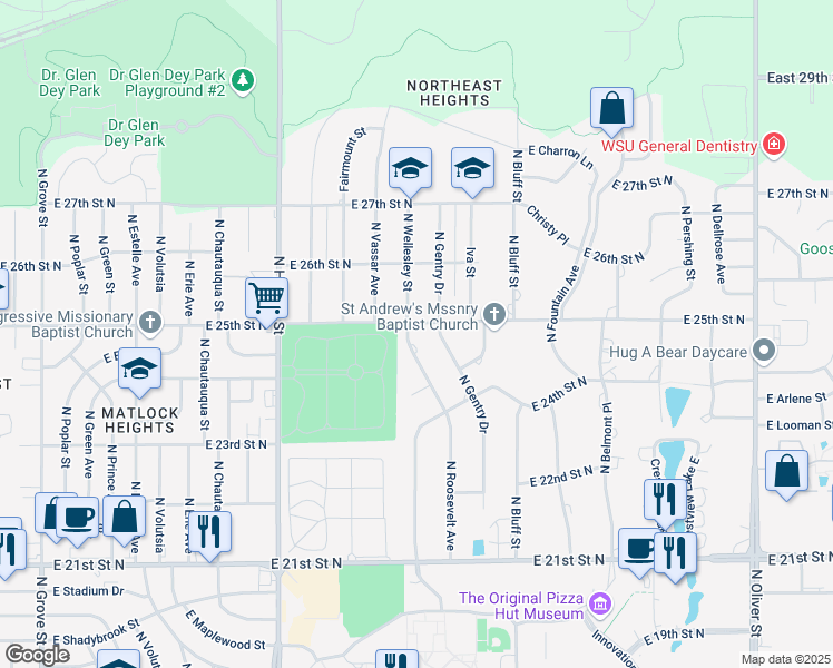 map of restaurants, bars, coffee shops, grocery stores, and more near 2541 Research Place in Wichita