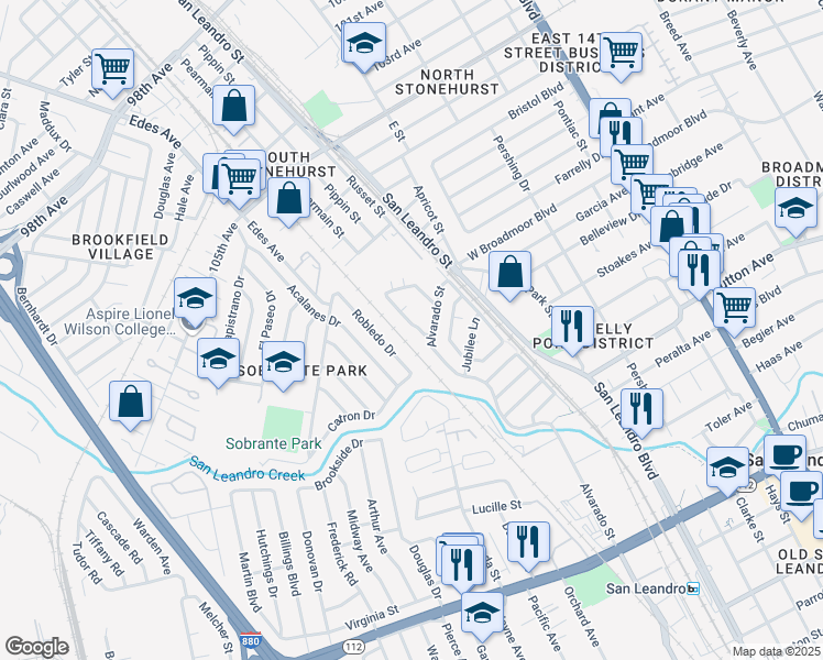 map of restaurants, bars, coffee shops, grocery stores, and more near 347 Accolade Drive in San Leandro