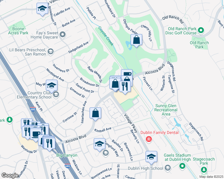 map of restaurants, bars, coffee shops, grocery stores, and more near 18 Braeburn Court in San Ramon
