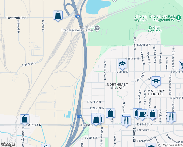 map of restaurants, bars, coffee shops, grocery stores, and more near 2565 North Kansas Avenue in Wichita