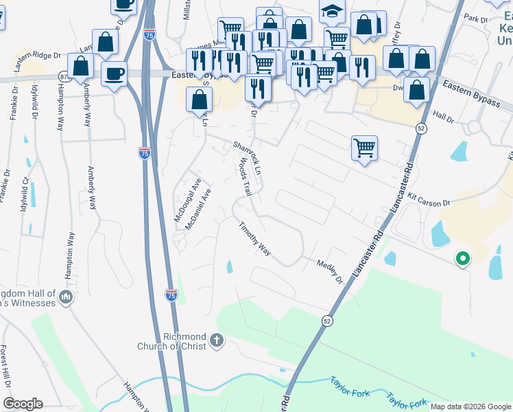 map of restaurants, bars, coffee shops, grocery stores, and more near 122 Woods Trail in Richmond
