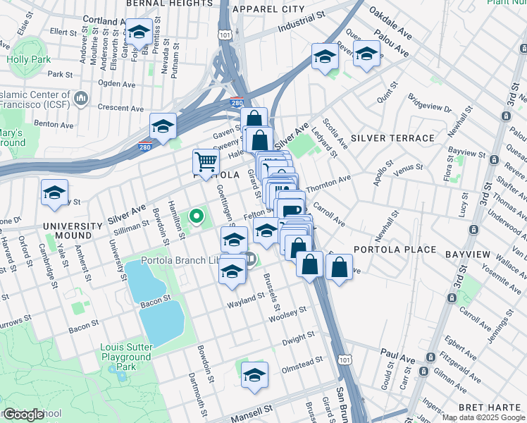map of restaurants, bars, coffee shops, grocery stores, and more near Girard St & Felton St in San Francisco