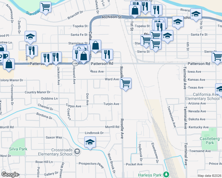 map of restaurants, bars, coffee shops, grocery stores, and more near in Riverbank