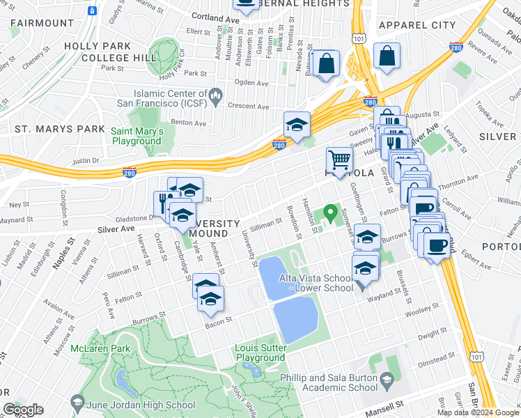 map of restaurants, bars, coffee shops, grocery stores, and more near 76 Dartmouth Street in San Francisco