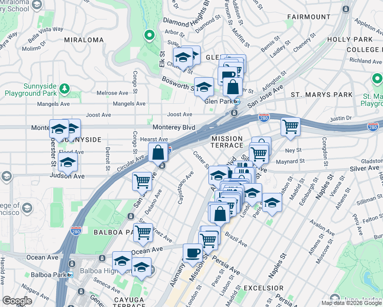 map of restaurants, bars, coffee shops, grocery stores, and more near 43 Capistrano Avenue in San Francisco