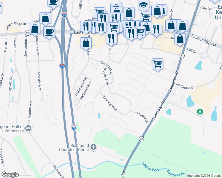 map of restaurants, bars, coffee shops, grocery stores, and more near 122 Woods Trail in Richmond