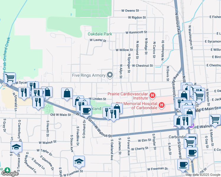 map of restaurants, bars, coffee shops, grocery stores, and more near 808 West Pecan Street in Carbondale