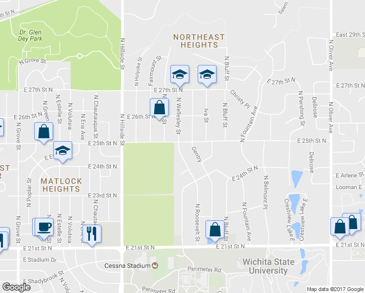 map of restaurants, bars, coffee shops, grocery stores, and more near 2541 Research Place in Wichita