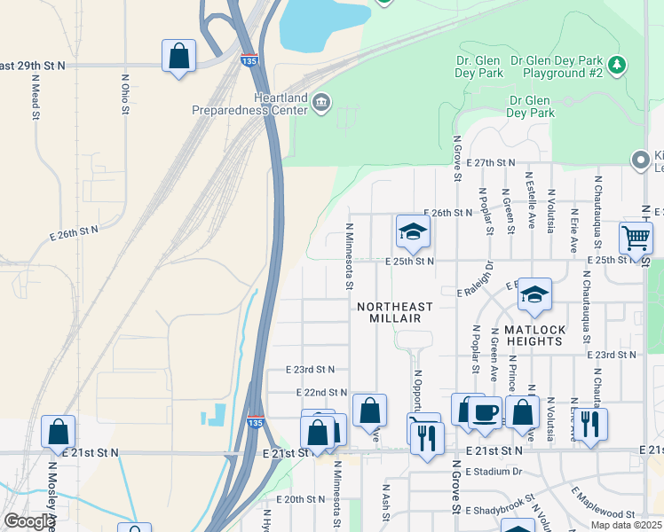 map of restaurants, bars, coffee shops, grocery stores, and more near 2548 North Minneapolis Street in Wichita