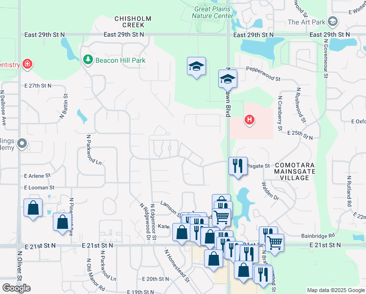 map of restaurants, bars, coffee shops, grocery stores, and more near 5900 East Mainsgate Road in Wichita