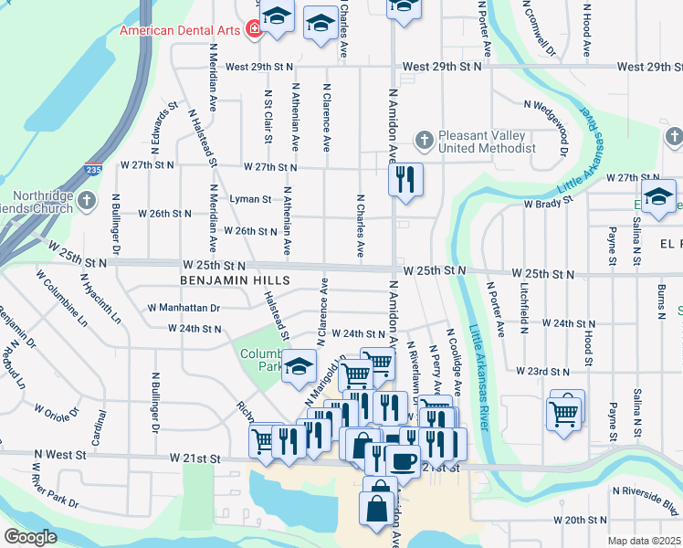 map of restaurants, bars, coffee shops, grocery stores, and more near 2125 West 25th Street North in Wichita