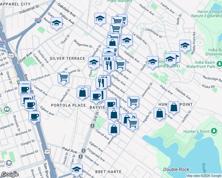 map of restaurants, bars, coffee shops, grocery stores, and more near 1560 Underwood Avenue in San Francisco