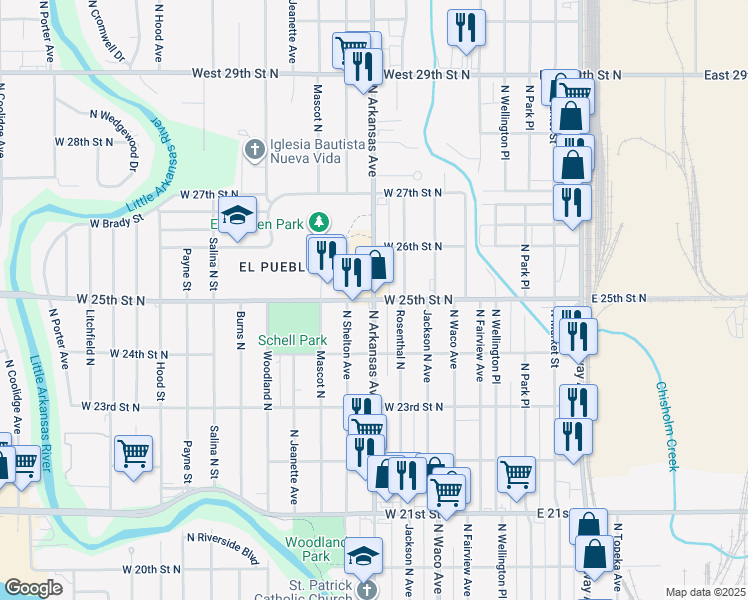 map of restaurants, bars, coffee shops, grocery stores, and more near Arkansas Ave & W 25th St N in Wichita