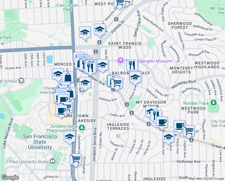 map of restaurants, bars, coffee shops, grocery stores, and more near in San Francisco