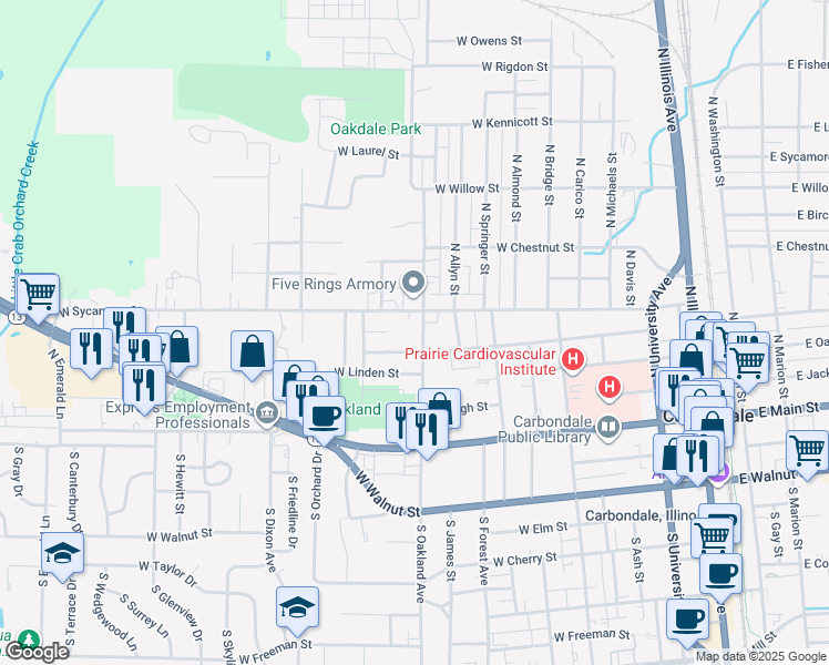 map of restaurants, bars, coffee shops, grocery stores, and more near 400 North Oakland Avenue in Carbondale