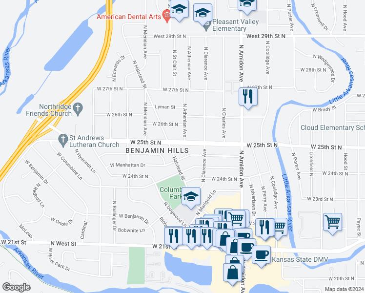 map of restaurants, bars, coffee shops, grocery stores, and more near 2303 West 25th Street North in Wichita