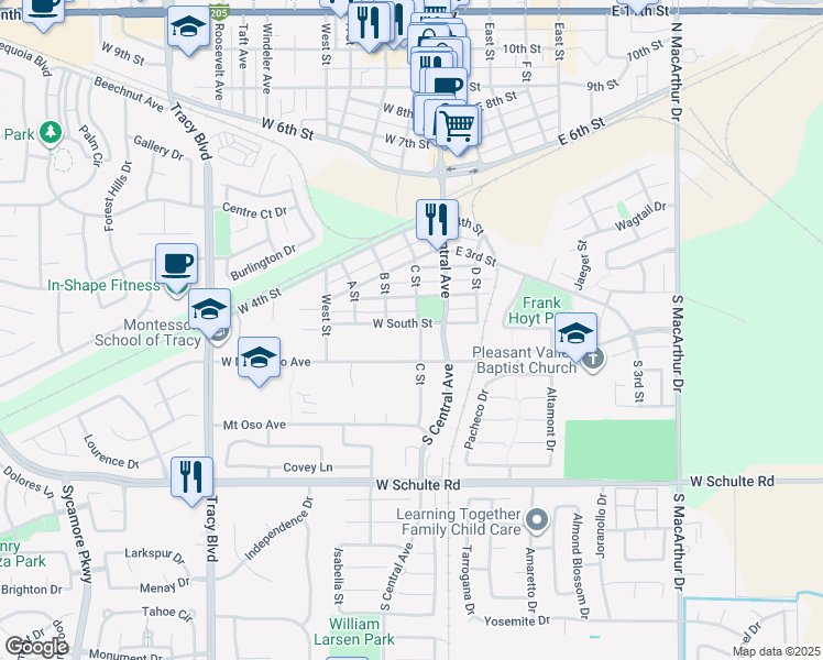 map of restaurants, bars, coffee shops, grocery stores, and more near 60 West South Street in Tracy