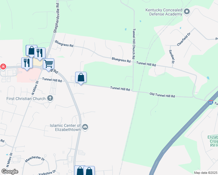 map of restaurants, bars, coffee shops, grocery stores, and more near 1927 Tunnel Hill Road in Elizabethtown