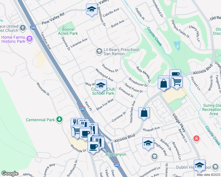 map of restaurants, bars, coffee shops, grocery stores, and more near 9637 Ernwood Place in San Ramon