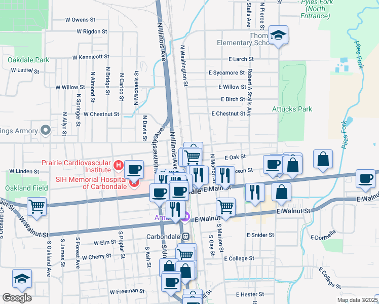 map of restaurants, bars, coffee shops, grocery stores, and more near 301-399 North Washington Street in Carbondale