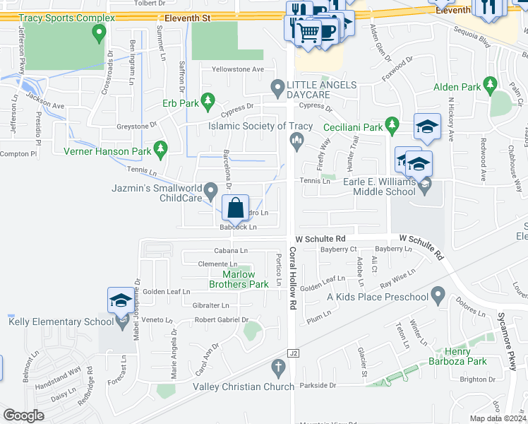 map of restaurants, bars, coffee shops, grocery stores, and more near 2116 Pedro Lane in Tracy
