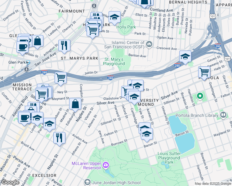 map of restaurants, bars, coffee shops, grocery stores, and more near 91 Stoneyford Avenue in San Francisco
