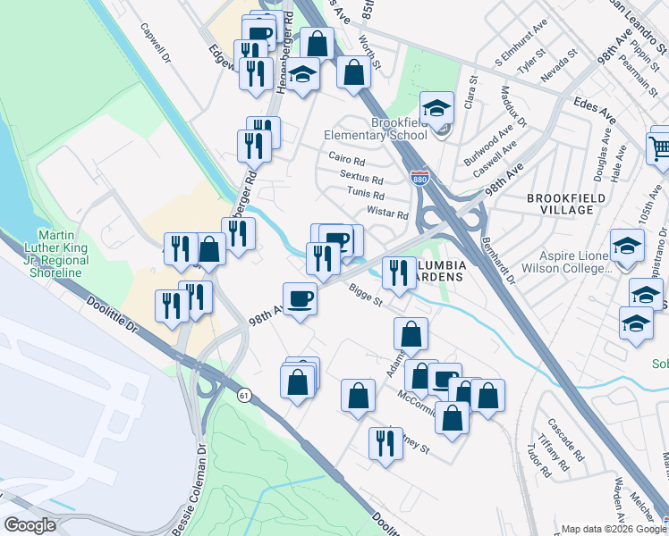 map of restaurants, bars, coffee shops, grocery stores, and more near 185 98th Avenue in Oakland