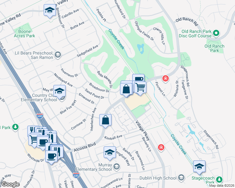 map of restaurants, bars, coffee shops, grocery stores, and more near 30 Broadmoor Court in San Ramon