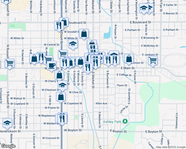 map of restaurants, bars, coffee shops, grocery stores, and more near 200 South Market Street in Marion