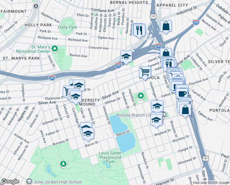 map of restaurants, bars, coffee shops, grocery stores, and more near Silver Avenue in San Francisco
