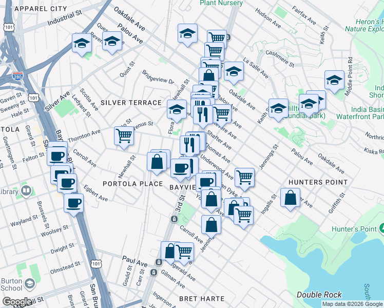 map of restaurants, bars, coffee shops, grocery stores, and more near 5264 3rd Street in San Francisco