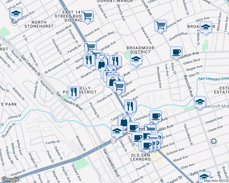 map of restaurants, bars, coffee shops, grocery stores, and more near E 14th St & Oakes Blvd in San Leandro