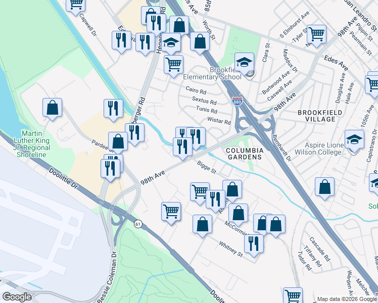 map of restaurants, bars, coffee shops, grocery stores, and more near 185 98th Avenue in Oakland