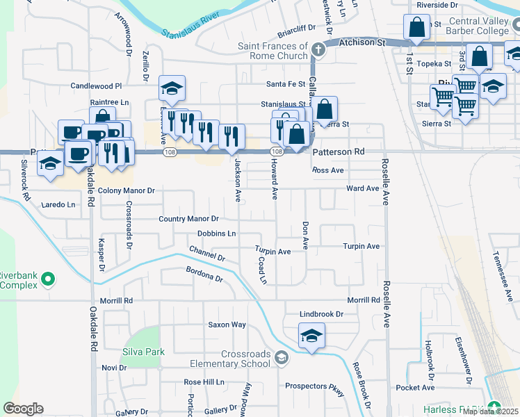 map of restaurants, bars, coffee shops, grocery stores, and more near 6231 Nickels Court in Riverbank