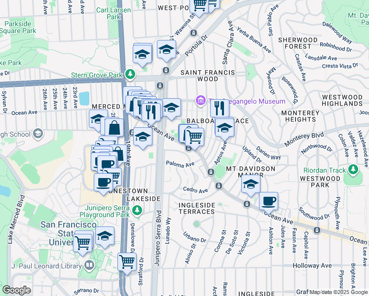 map of restaurants, bars, coffee shops, grocery stores, and more near 361 Moncada Way in San Francisco