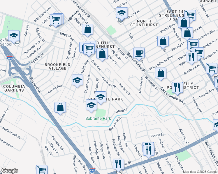 map of restaurants, bars, coffee shops, grocery stores, and more near 626 La Prenda Drive in Oakland