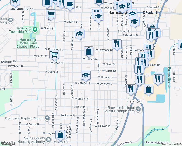 map of restaurants, bars, coffee shops, grocery stores, and more near 701 South Granger Street in Harrisburg
