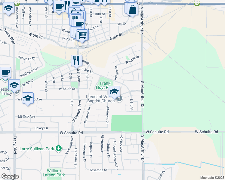 map of restaurants, bars, coffee shops, grocery stores, and more near 55 Shakespear Court in Tracy