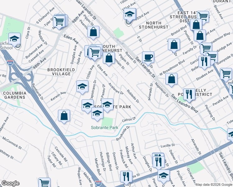 map of restaurants, bars, coffee shops, grocery stores, and more near 626 La Prenda Drive in Oakland