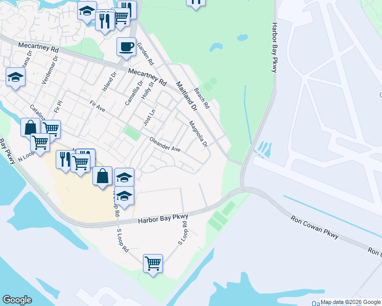 map of restaurants, bars, coffee shops, grocery stores, and more near 347 Oleander Avenue in Alameda