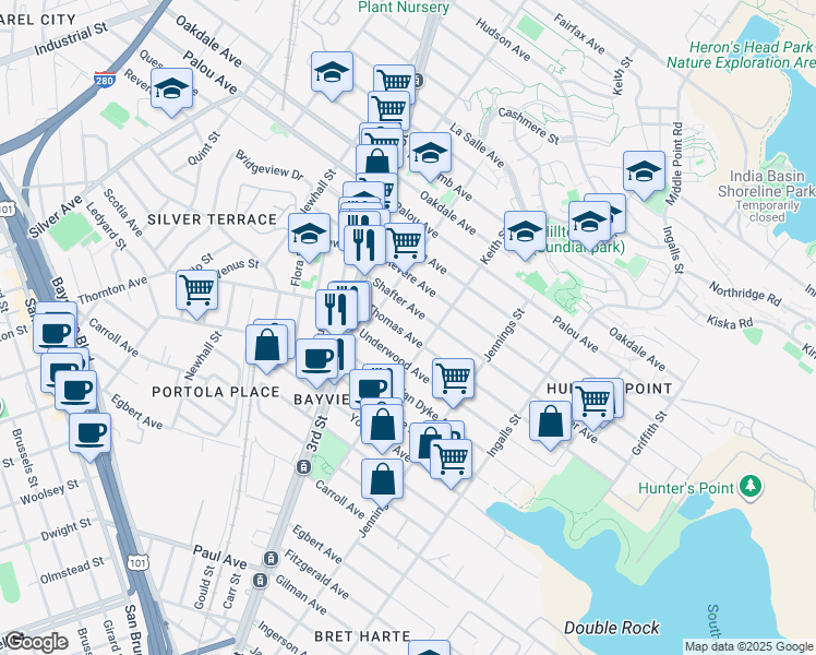 map of restaurants, bars, coffee shops, grocery stores, and more near 1838 Keith Street in San Francisco
