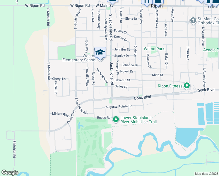 map of restaurants, bars, coffee shops, grocery stores, and more near 1169 Zumstein Court in Ripon