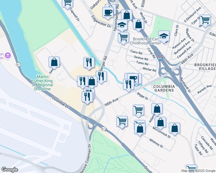 map of restaurants, bars, coffee shops, grocery stores, and more near 65 Hegenberger Place in Oakland