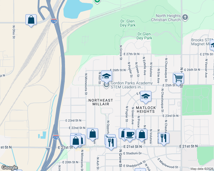 map of restaurants, bars, coffee shops, grocery stores, and more near 2201 E 25th Street North in Wichita