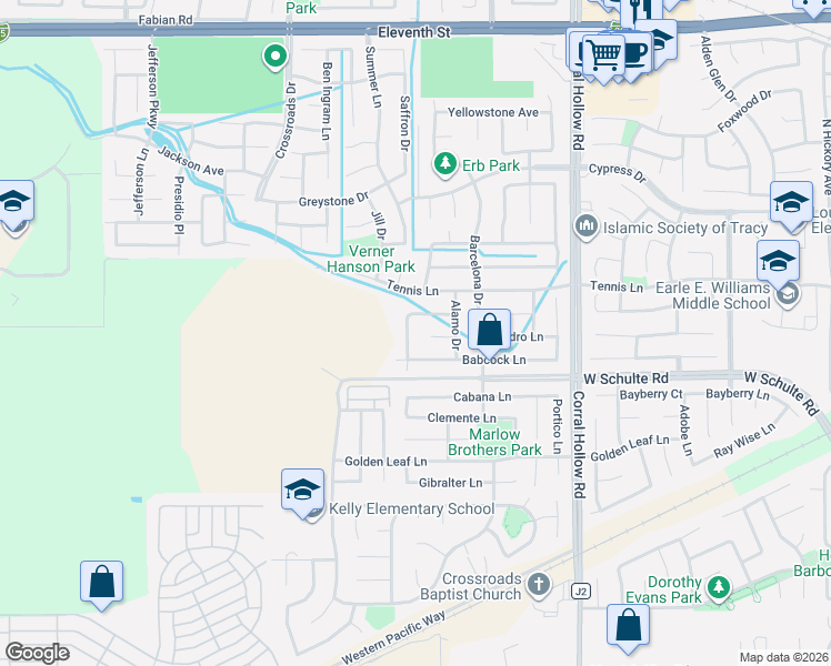 map of restaurants, bars, coffee shops, grocery stores, and more near 80 Faith Lane in Tracy