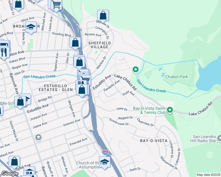 map of restaurants, bars, coffee shops, grocery stores, and more near 1308 East Juana Avenue in San Leandro