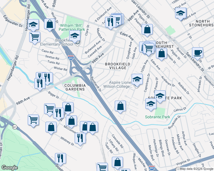 map of restaurants, bars, coffee shops, grocery stores, and more near 156 Kerwin Avenue in Oakland