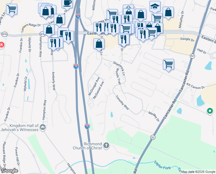 map of restaurants, bars, coffee shops, grocery stores, and more near 304 Katherine Court in Richmond
